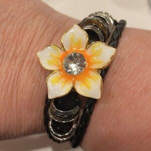 Enameled 5 Petal Flower & Leather Snap Bracelet